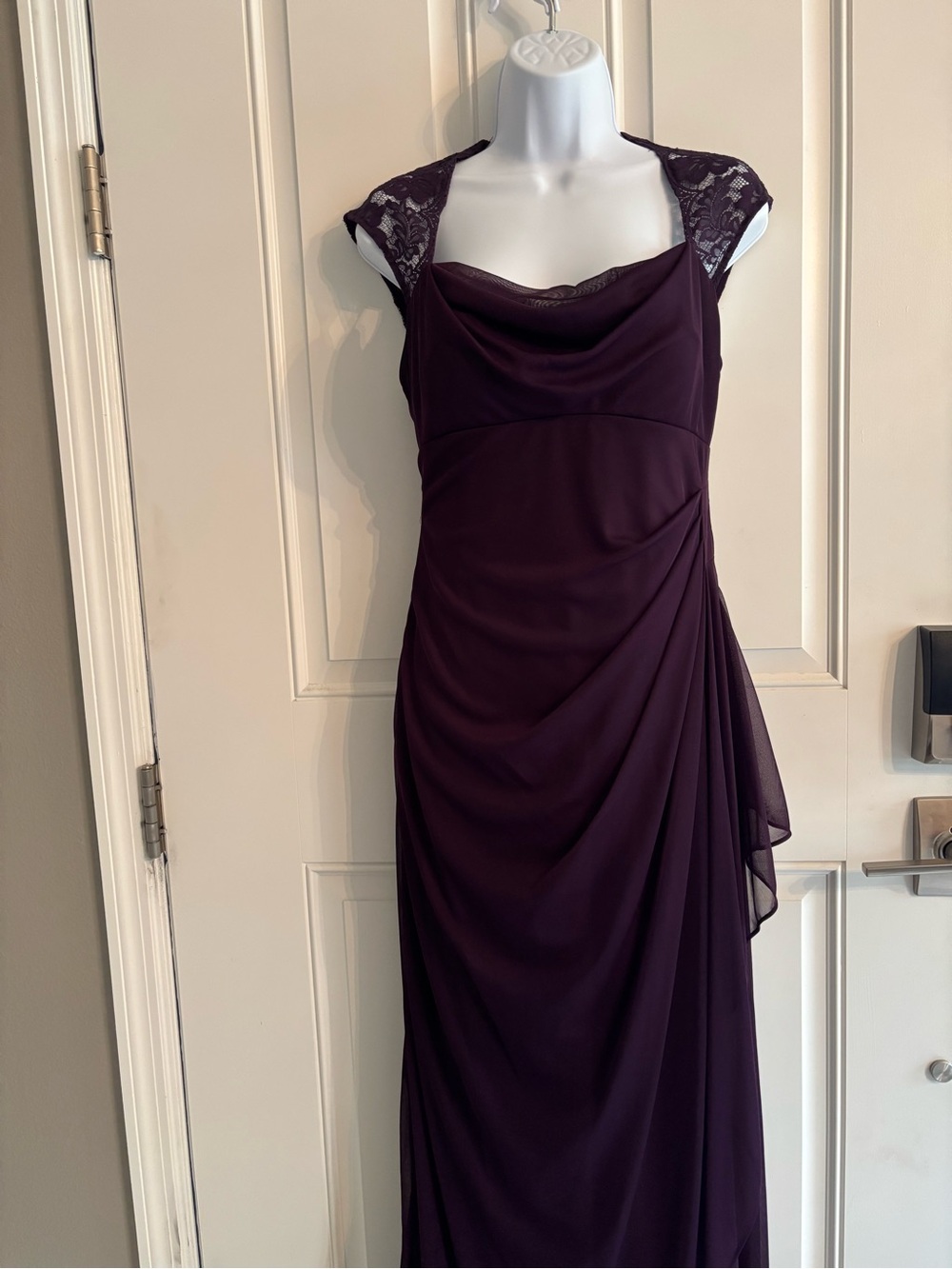 Xscape Plum Lace-Cap Evening Gown